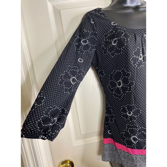 Ann Taylor Top Women Size S 3/4 Sleeve Black White Pink Floral Sheer Lined - Picture 6 of 8